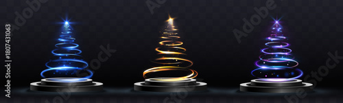 Glowing blue golden and purple spiral Christmas trees on podiums with sparkling light trails and stars over transparent background EPS.
