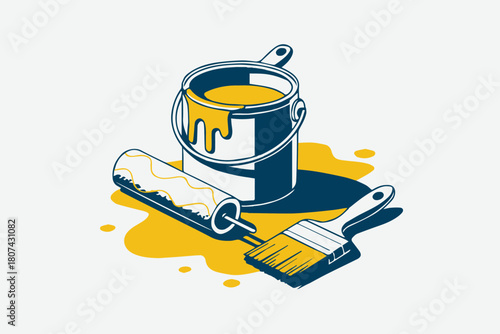 paint can roller brush yellow spill vector illustration