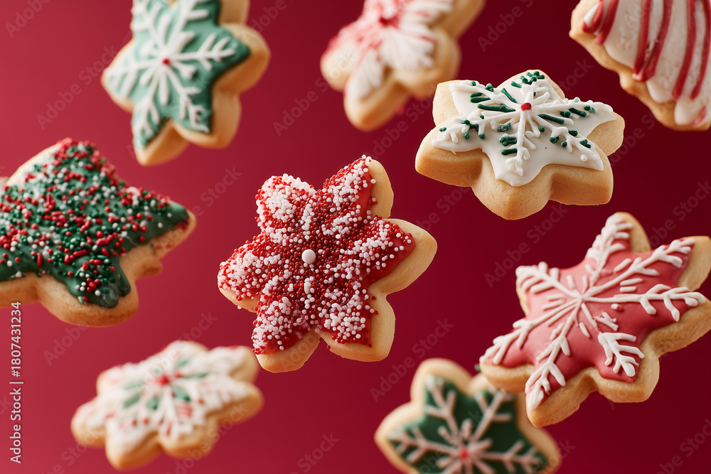 Obraz premium photos of decorated Christmas sugar cookies floating midair, bright red background