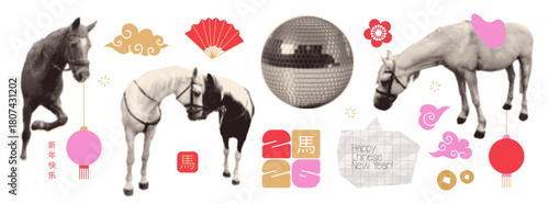 Happy Chinees New Year of the Horse art halftone collage stickers set. Modern retro minimalist 2026 holiday elements collection. Translation Happy New year, Horse. Paper mixed media vector design