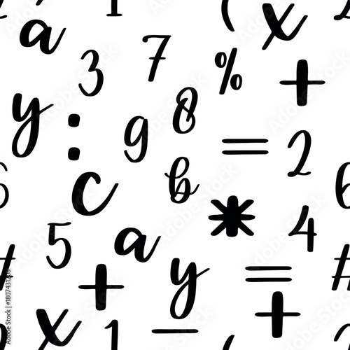 Seamless pattern with beautiful numbers. Algebra and geometry, calculations.