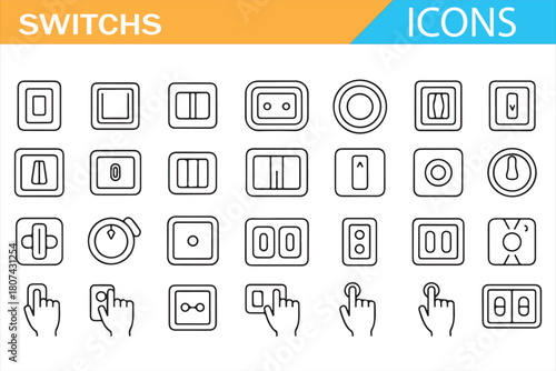 Line art collection of power switches, toggles, and control buttons