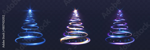 Glowing blue golden and purple spiral Christmas trees with sparkling light trails and stars on transparent background EPS.
