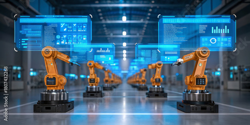 Robotic arm industrial robot factory automation smart manufacturing blue hologram digital interface assembly line machine vision precision engineering futuristic technology pulse