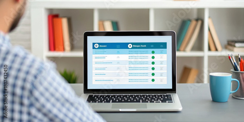 Man laptop online insurance website dashboard premium policy comparison finance calm work scene of man laptop online insurance website dashboard premium policy comparison finance, bright home