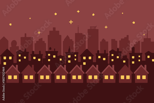 cityscape vector night city skyline row of houses windows and stars
