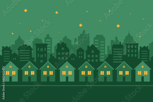cityscape night skyline urban vector illustration houses rooftops and stars