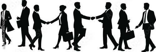 Silhouette business professionals walking and shaking hands, corporate cooperation illustration, teamwork partnership concept, professional communication scene depiction