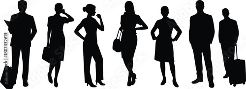 Silhouette business people standing, professional men and women posing, office workers illustration, corporate team concept, modern workforce depiction