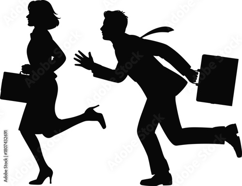 Silhouette businesswoman and businessman running with briefcases, urgency and rush concept illustration, fast corporate movement scene depiction