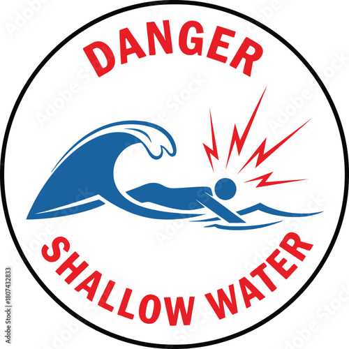 Danger sign for shallow water with breaking wave depicting the risk of spinal injury warning beachgoers of hazardous conditions near the shore