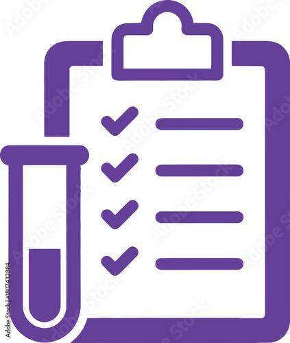 Medical test results on clipboard with test tube demonstrating lab analysis and healthcare information with a clean minimalistic design in purple