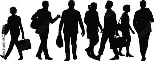 Silhouettes of business people walking, professional men and women commuting with bags, office workers in motion illustration