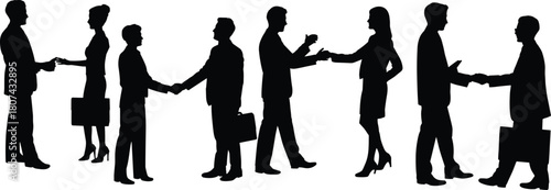 Silhouettes of business people shaking hands, greeting, meeting, networking, forming partnerships, teamwork and professional collaboration