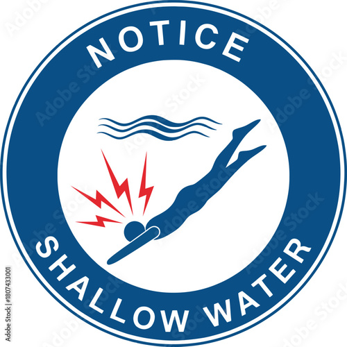 Shallow water notice sign with swimmer icon highlighting danger of diving and potential head injury in the pool or water body