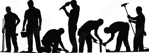 Silhouettes of construction workers using tools, drilling, hammering, digging, and performing various manual labor tasks in different poses