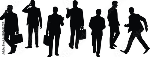 Silhouettes of businessmen walking, talking on phones, waving, and carrying briefcases in various professional poses and movements