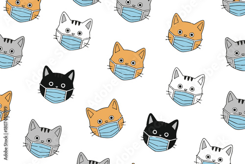 cat masked faces seamless vector pattern medical facemask illustration