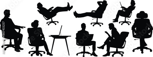 Silhouettes of office workers sitting, relaxing, discussing, and working at desks in various seated business poses and actions