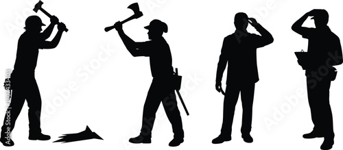 Silhouettes of workers chopping wood with axes while others supervise, observe, inspect, and communicate in outdoor work scene