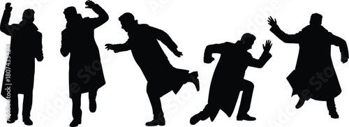 These silhouettes show men in long coats running, walking, gesturing, and moving dynamically — interpreted neutrally with no identity claims.