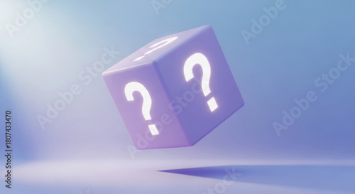 Render of a lilac cube with question mark, floating. It symbolizes mystery, question, confusion, investigation and uncertainty, appropriate for problem concepts