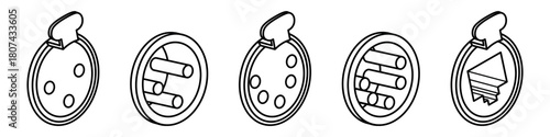Minimalistic black-and-white line icons of various circular electrical connectors in isometric style. Clean technical symbols suitable for interface design, diagrams, manuals and engineering 