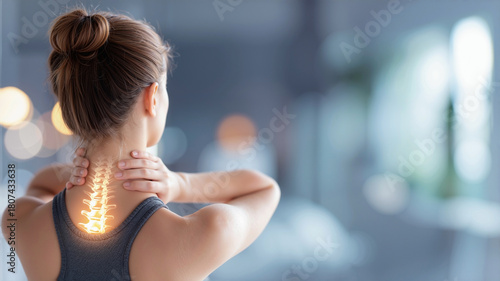 Wallpaper Mural Medical visualization of woman suffering neck pain with glowing spine and muscle anatomy, healthcare concept with blurred background focusing on skeletal structure Torontodigital.ca