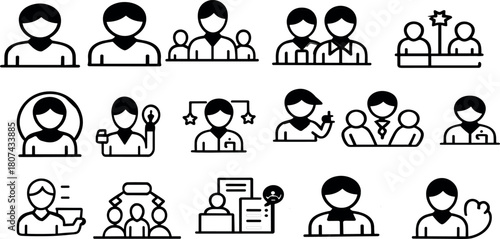 “Business teamwork and leadership icons set featuring collaboration, communication, creativity, career development, employee skills and professional management – flat vector illustration”