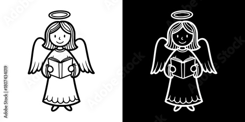 Angel reading a Bible with a halo and wings, isolated vector image, two versions on transparent and black backgrounds, pencil drawing, chalk drawing
