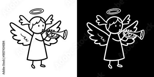 Cartoon angel playing trumpet with wings and halo for Catholic Christmas, isolated vector image, two versions on transparent and black backgrounds, pencil drawing, chalk drawing
  