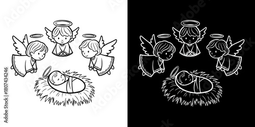 Angels surrounding Baby Jesus in nativity scene for Catholic Christmas, isolated vector image, two versions on transparent and black backgrounds, pencil drawing, chalk drawing
  
