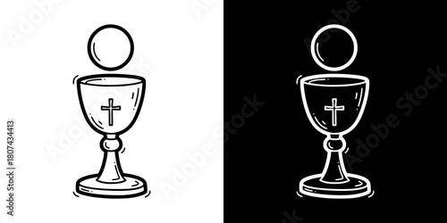 Chalice and host illustration for Catholic Christmas, isolated vector image, two versions on transparent and black backgrounds, pencil drawing, chalk drawing
  