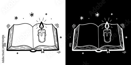 Open book with candle glowing in darkness illustrating Catholic Christmas, isolated vector image, two versions on transparent and black backgrounds, pencil drawing, chalk drawing
  
