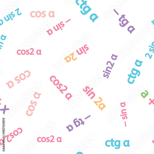 Seamless pattern with mathematical formulas and numbers. Algebra and geometry, calculations tangent, cotangent, sine, cosine.