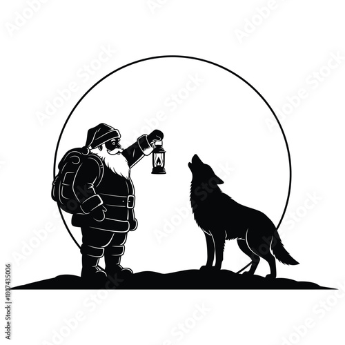 Dramatic black and white vector graphic of santa claus with his backpack and a lantern watching a wolf howl under a full moon circle.