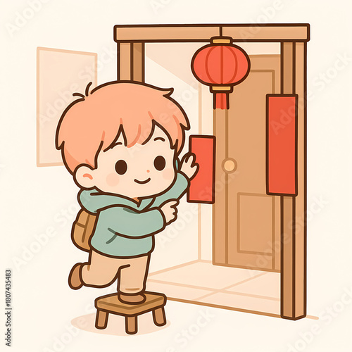 Chibi boy decorating door for Chinese New Year