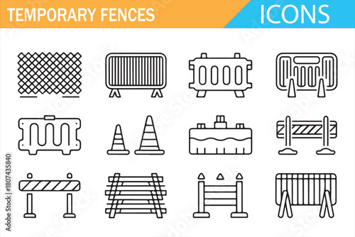 Minimal line art icons of construction site barriers and roadblocks