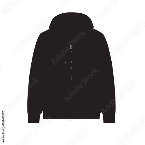Black vector silhouette of a puffer jacket or parka with a hood and front buttons for design mockup