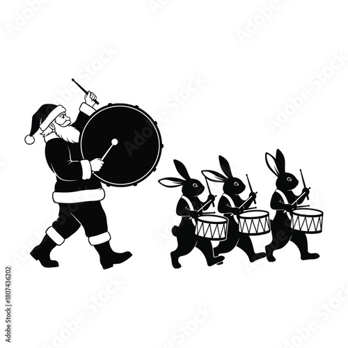 Monochrome illustration of Santa Claus playing a bass drum and leading a marching band of three rabbits playing snare drums.