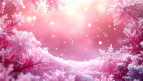 Marco decorativo rosa de copos de nieve blancos alrededor de todo el borde, con diferentes tamaños y diseños, creando un efecto helado y festivo. Pequeñas partículas de nieve dispersas por el fondo.