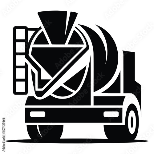 A black and white illustration of a concrete mixer truck, a heavy construction vehicle, on white background