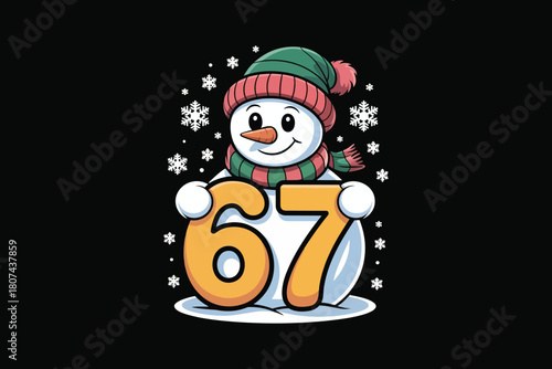 Cute snowman character holding the number sixty seven with snowflakes