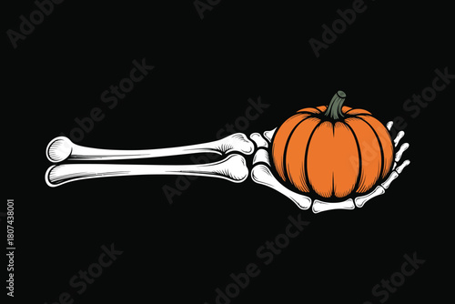Skeleton hand holding a bright orange pumpkin against a black background