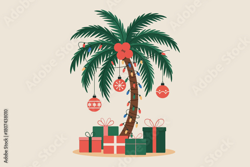 Tropical christmas palm tree decorated with ornaments and gifts below