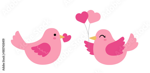 Set of Valentine love birds flat vector illustration.
Pink Lovebird and heart-shaped balloons clipart design.
For greeting card, poster, banner, leaflet.