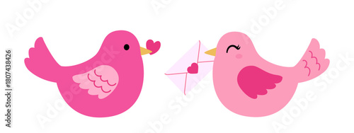 Set of Valentine love birds flat vector illustration.
Pink Bird holding a love letter clipart design.
For greeting card, poster, banner, leaflet.