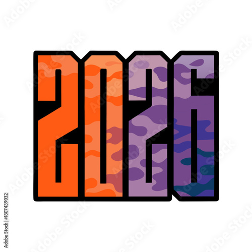 A bold and modern 2026 design with a camouflage pattern, featuring vibrant orange and purple hues, perfect for a contemporary and eyecatching graphic isolated on