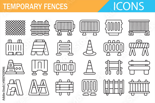 Line icons of portable fences, barricades, and road safety equipment