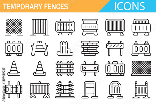 Temporary fence and construction barrier icon set for safety and traffic control